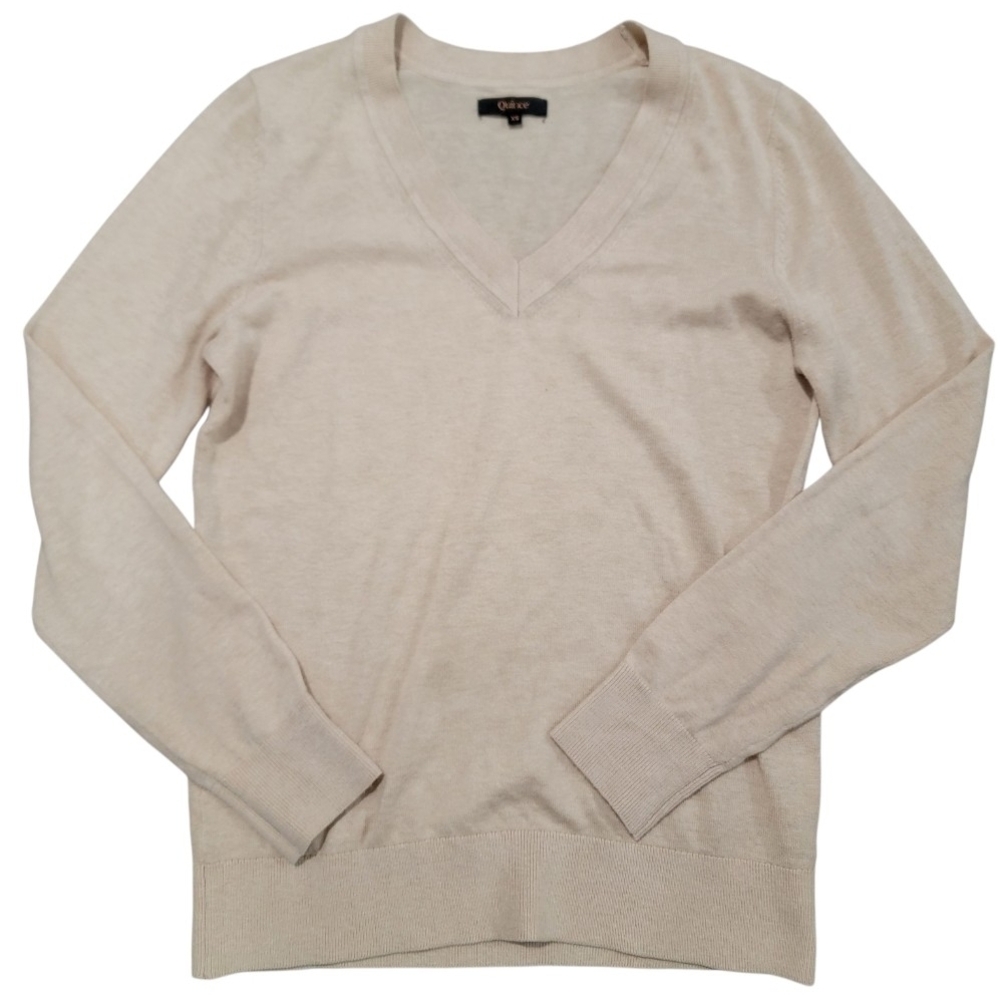 Quince Lightweight Cotton Cashmere V-neck Sweater In Heather Oatmeal Sz XS